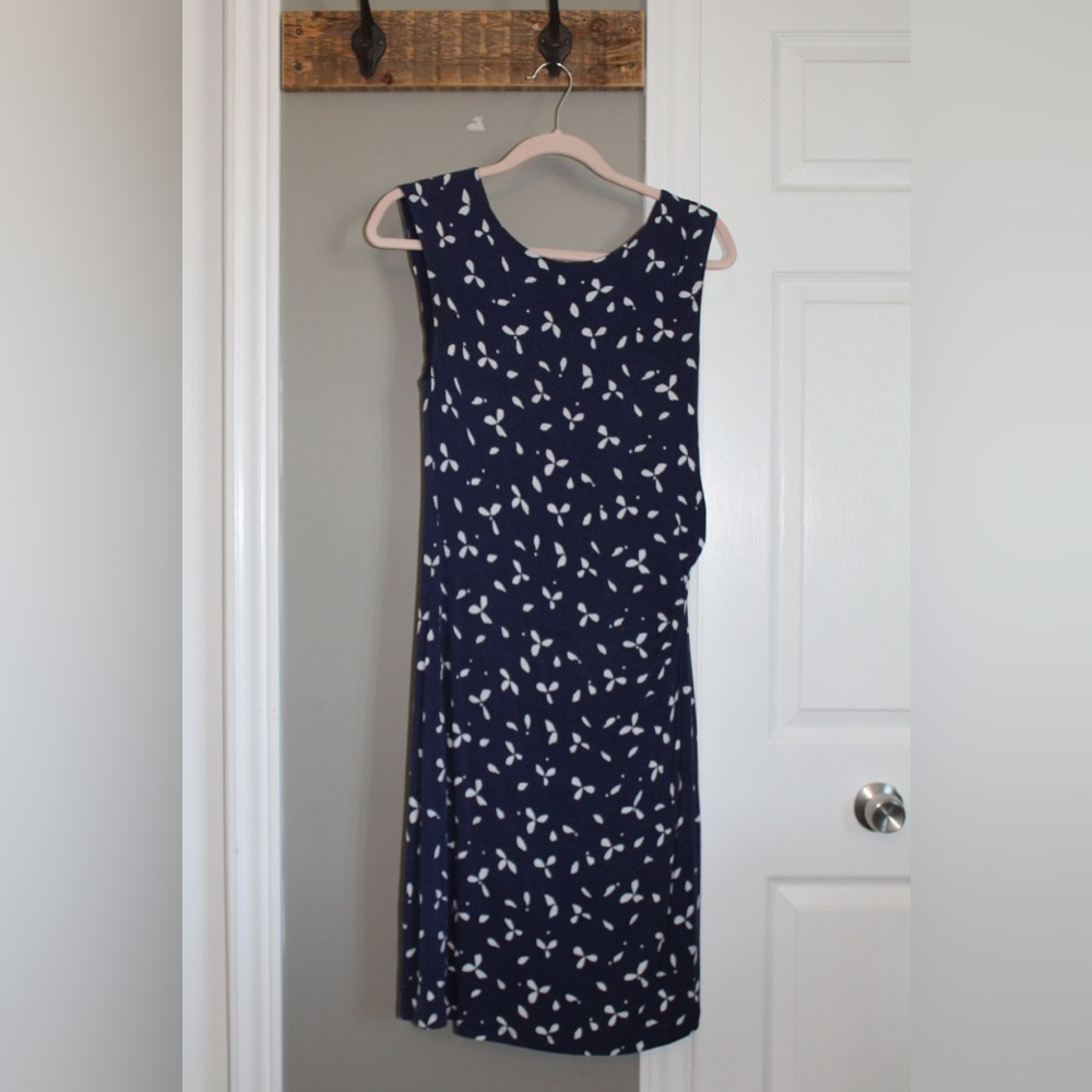 LOFT Dark Blue Midi Dress with White Leaf Design